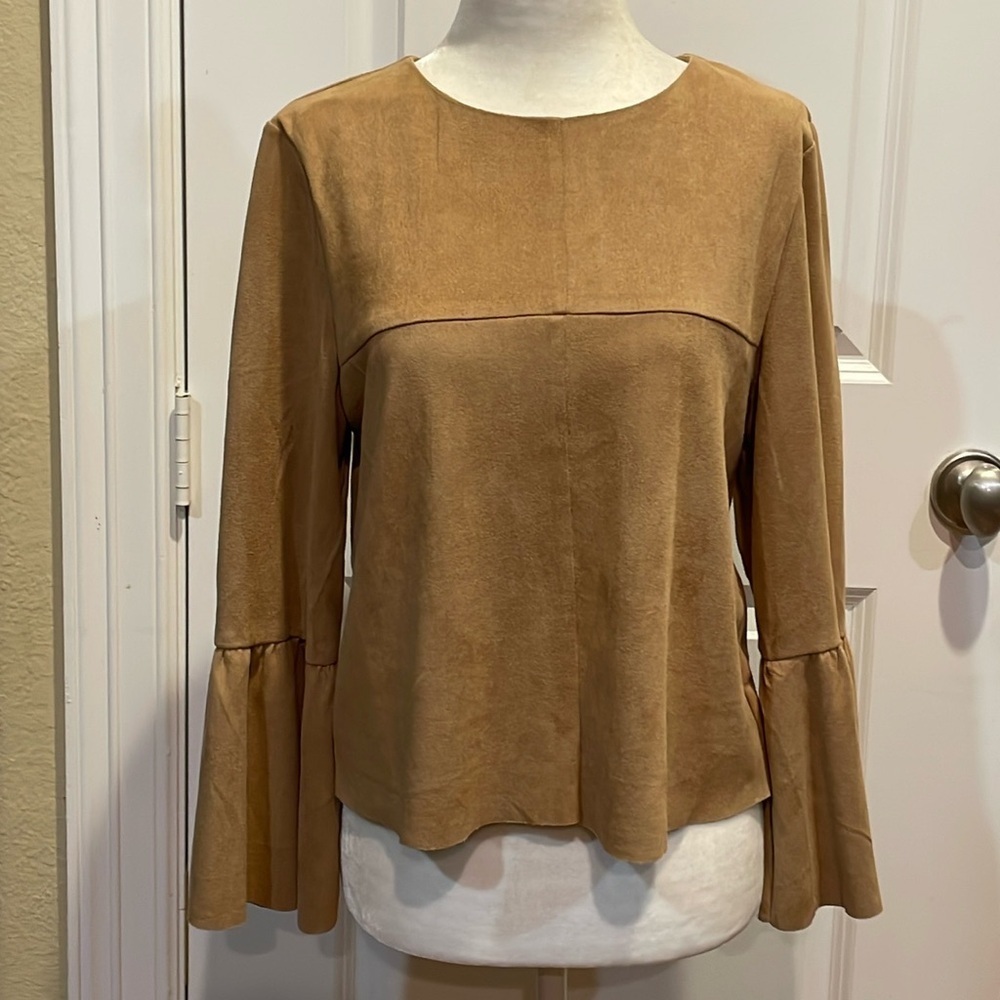 DO + BE Camel Faux Suede Top with Bell Sleeves